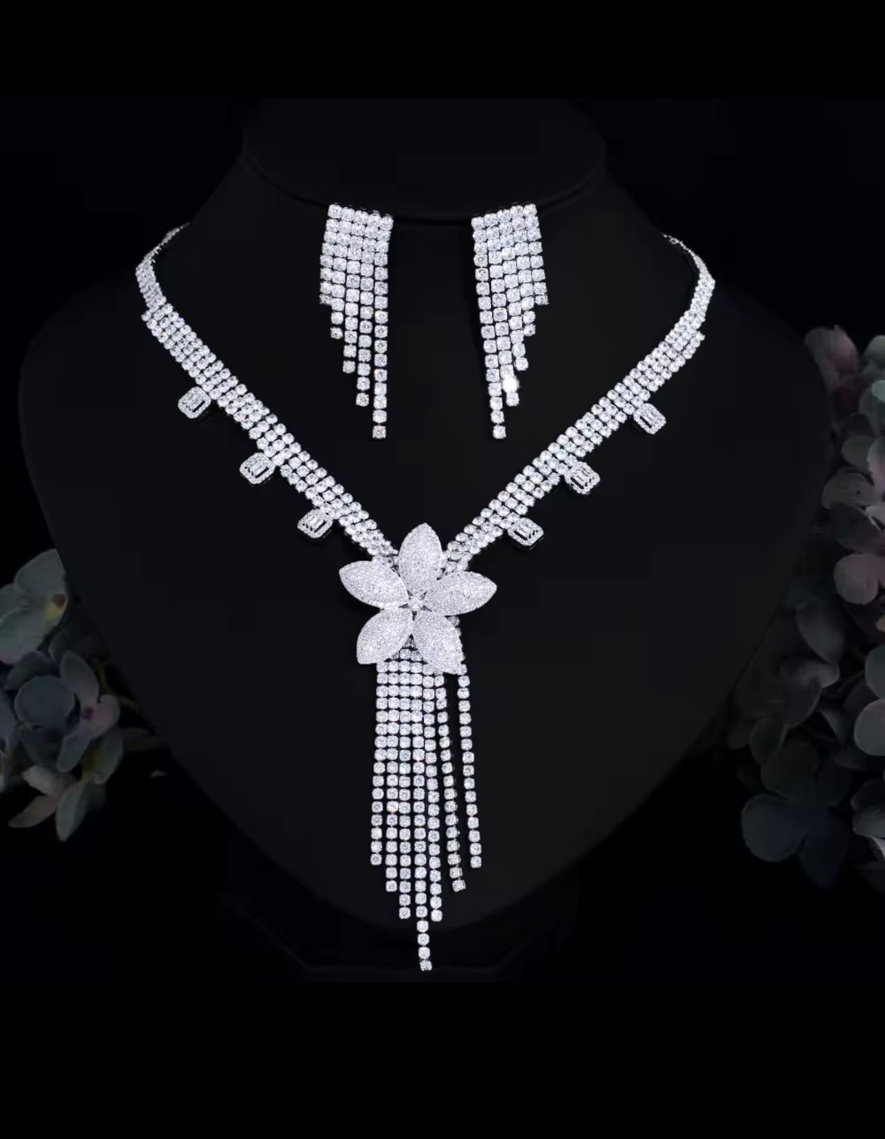 立方鋯石銅制新娘飾品組合 - 大花造型婚禮晚宴套裝