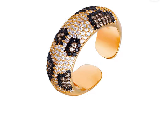黑白立方鋯石蛇豹紋開口戒指 - 微鑲工藝派對婚禮款