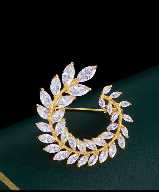 女性奢華橄欖枝葉胸針 - 立方鋯石水晶圍巾扣