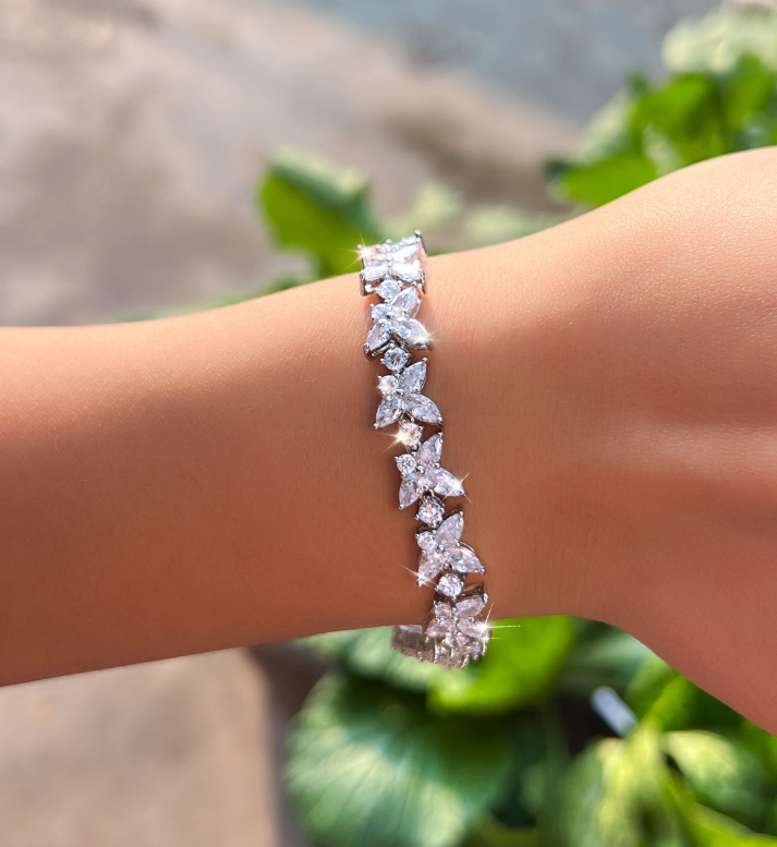 奢華白金葉形鍺石鋪砌手鍊 | 婚禮訂婚派對女性飾品