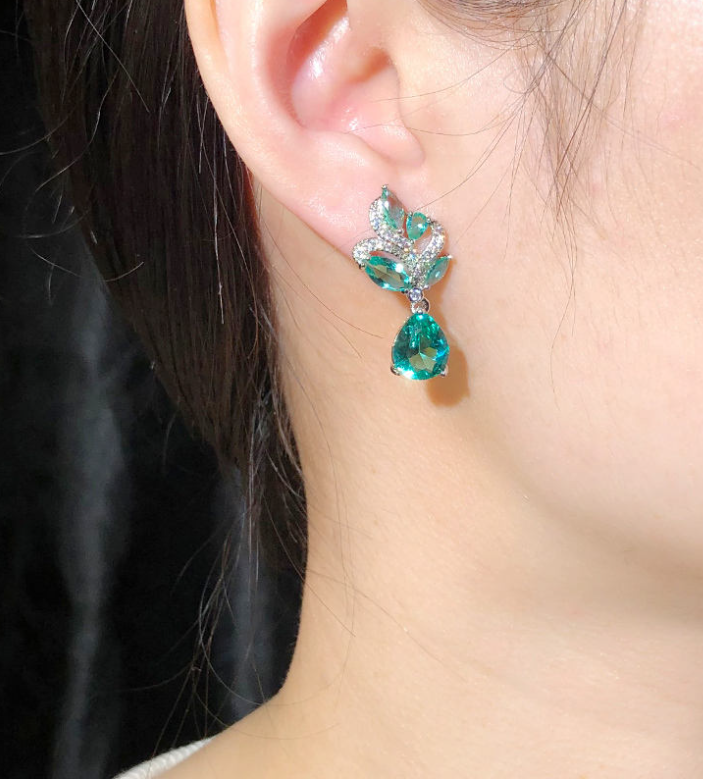 亮藍水滴鍺石葉形吊墜項鍊耳環套裝 | 韓系時尚女士飾品