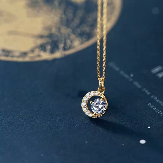 S925純銀14K鍍金鑲鑽迷你日月交替月牙吊墜項鏈