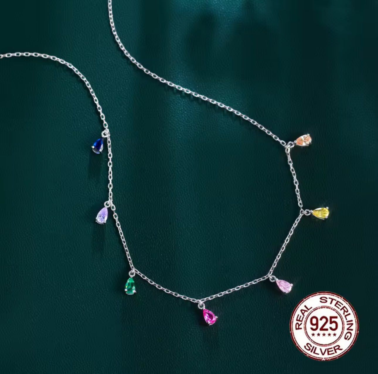925 純銀波西米亞彩色水滴鋯石吊墜項鍊 - 別緻時尚款