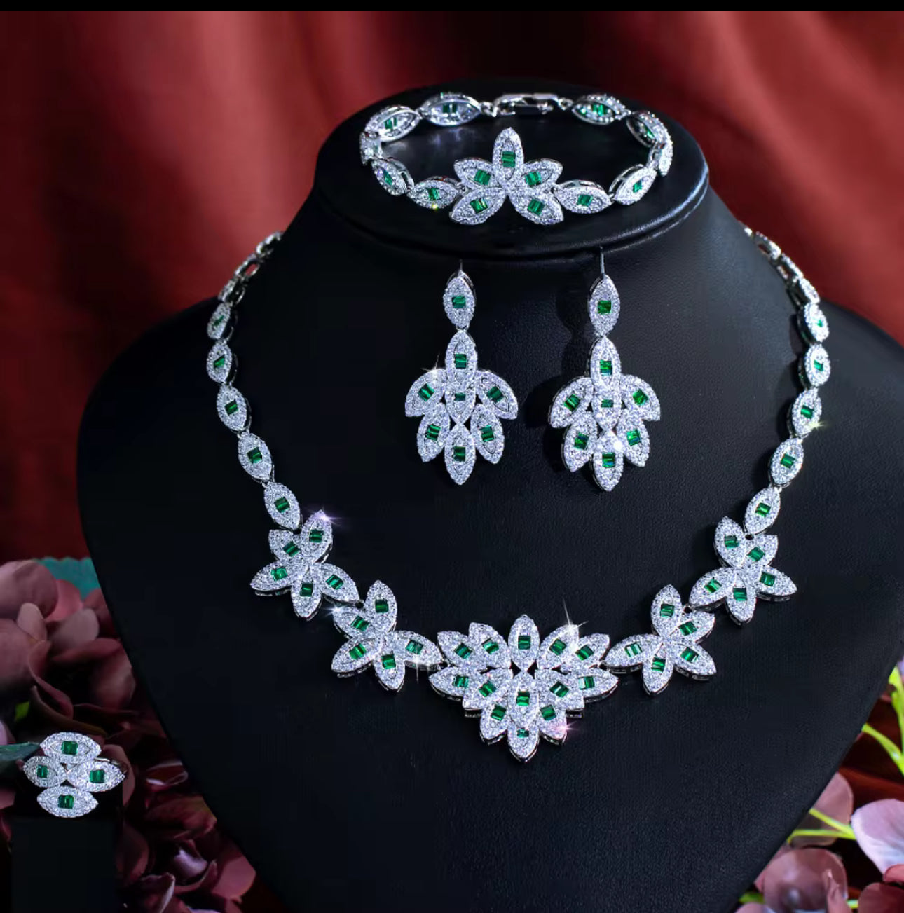 4 件葉形立方氧化鋯新娘套裝 - 綠色珠寶婚宴晚會款(可租賃)