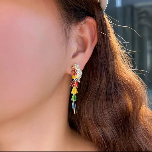 立方氧化鋯羽毛鳥耳墜 - 黃銅彩色長款女性派對耳環