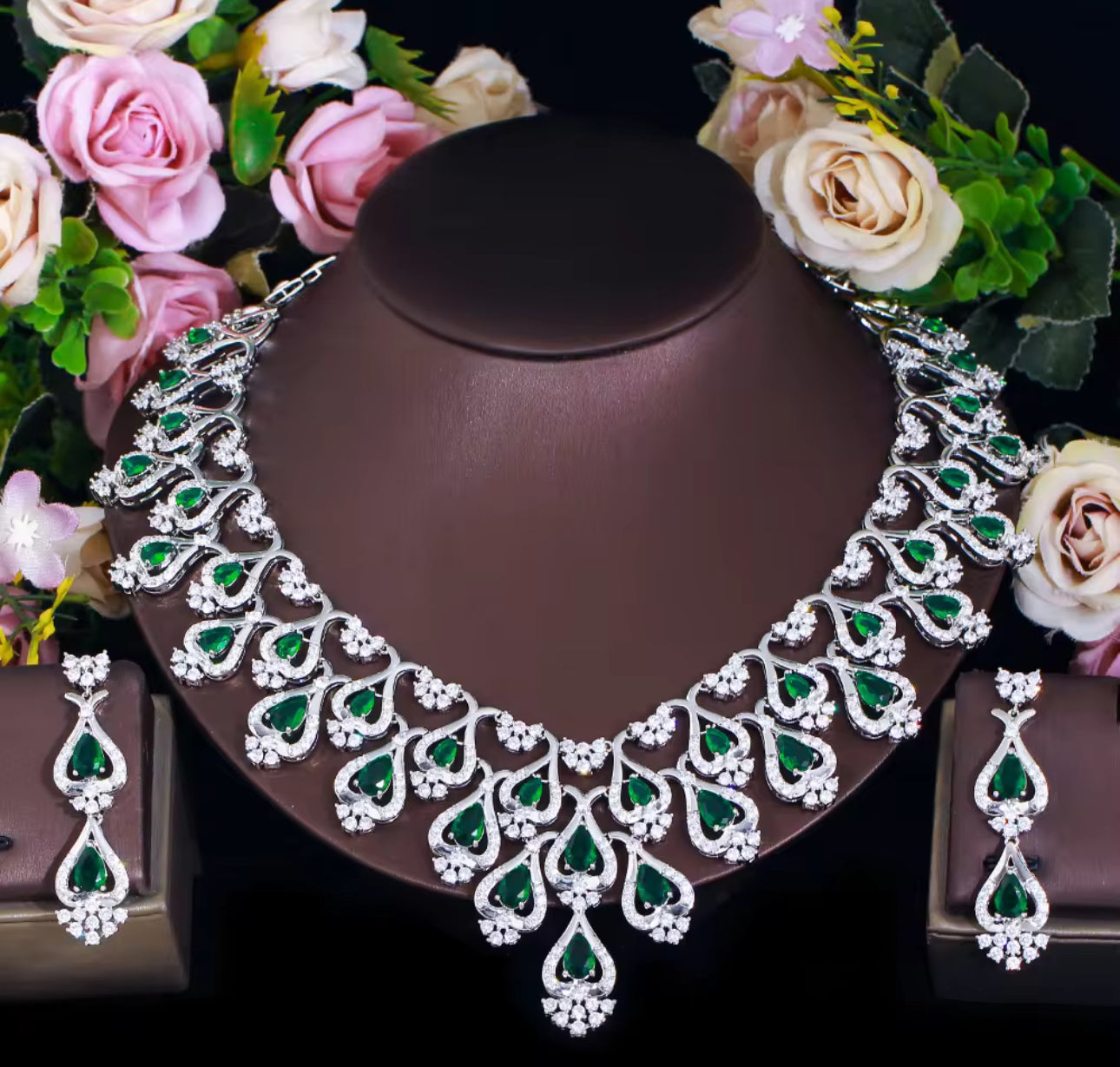 鍍銀氧化鋯項鍊耳環套裝 - 大綠色新娘婚禮飾品