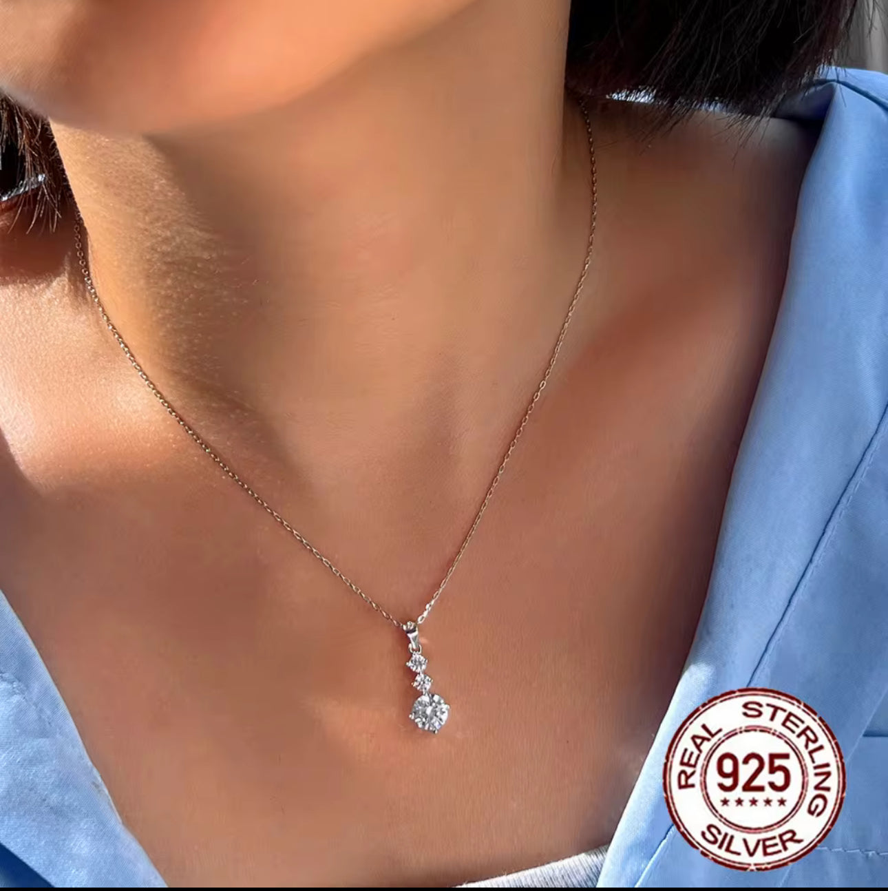 S925 純銀立方氧化鋯鏈節吊墜項鍊 - 時尚簡約款