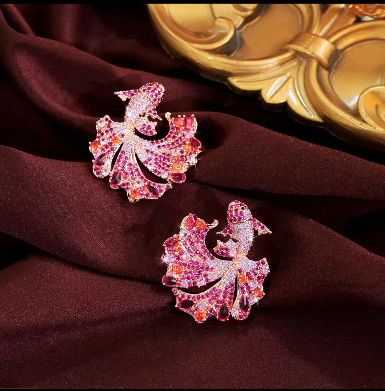 復古七彩粉紅色鋯石魚形耳環 - 精緻新娘派對大款