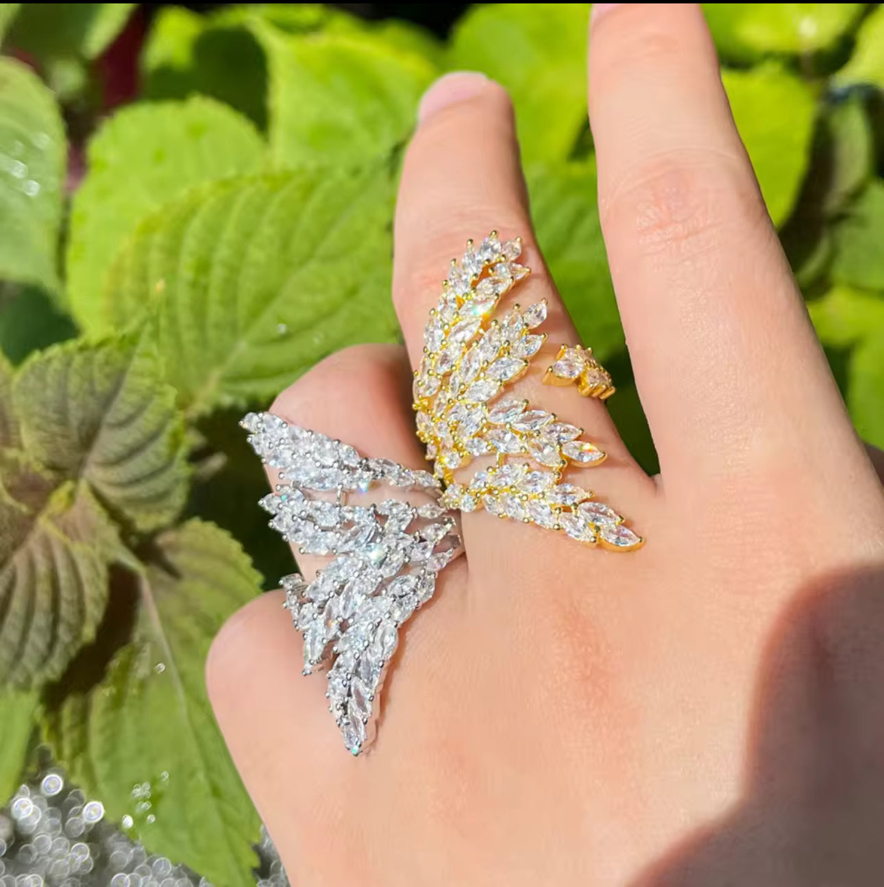 葉形立方鋯石可調戒指 - 金色/銀色雙色可選 (Anillos)