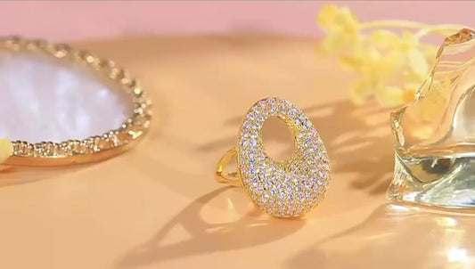 立方鋯石大蛋可調節戒指 | 金色銀色可選 | 時尚閃亮設計